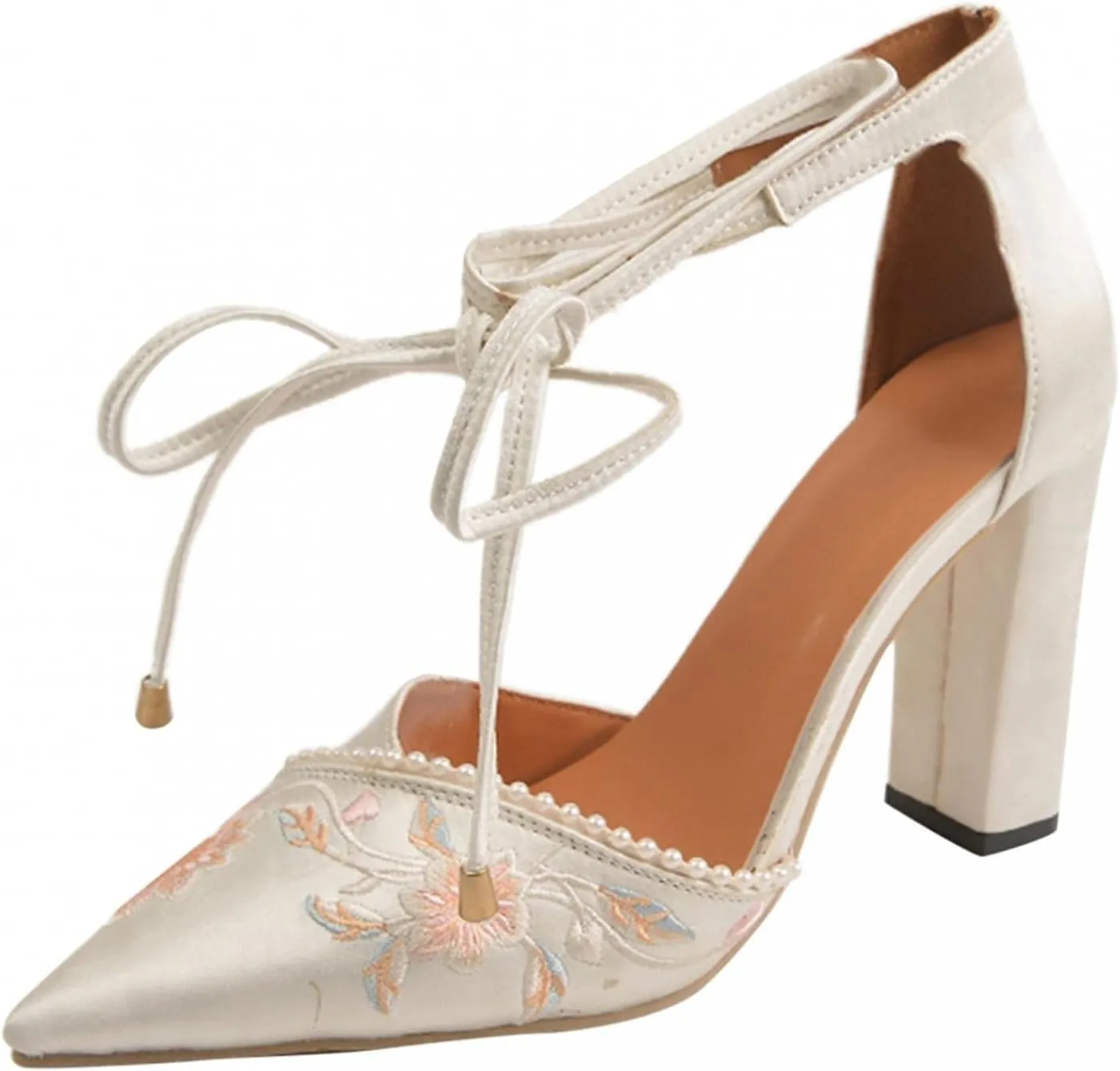 Hbeylia High Heels For Women Bride Wedding Day Satin Flower Embroidered Pearl Pointed Toe Lace Up Ballet Flats Chunky High Heeled Ankle Strap Dress Pump Shoes For Ladies Christmas Party Favor