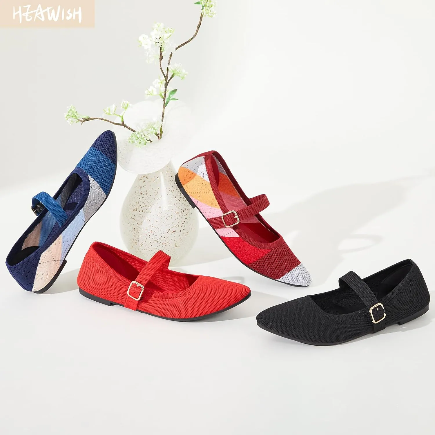 HEAWISH Women's Ballet Flat Shoes Mary Jane Pointed Toe Mesh Flats,Comfortable Slip on Ladies Shoe with Adjustable Strap,Casual Office Dress Flats for Work