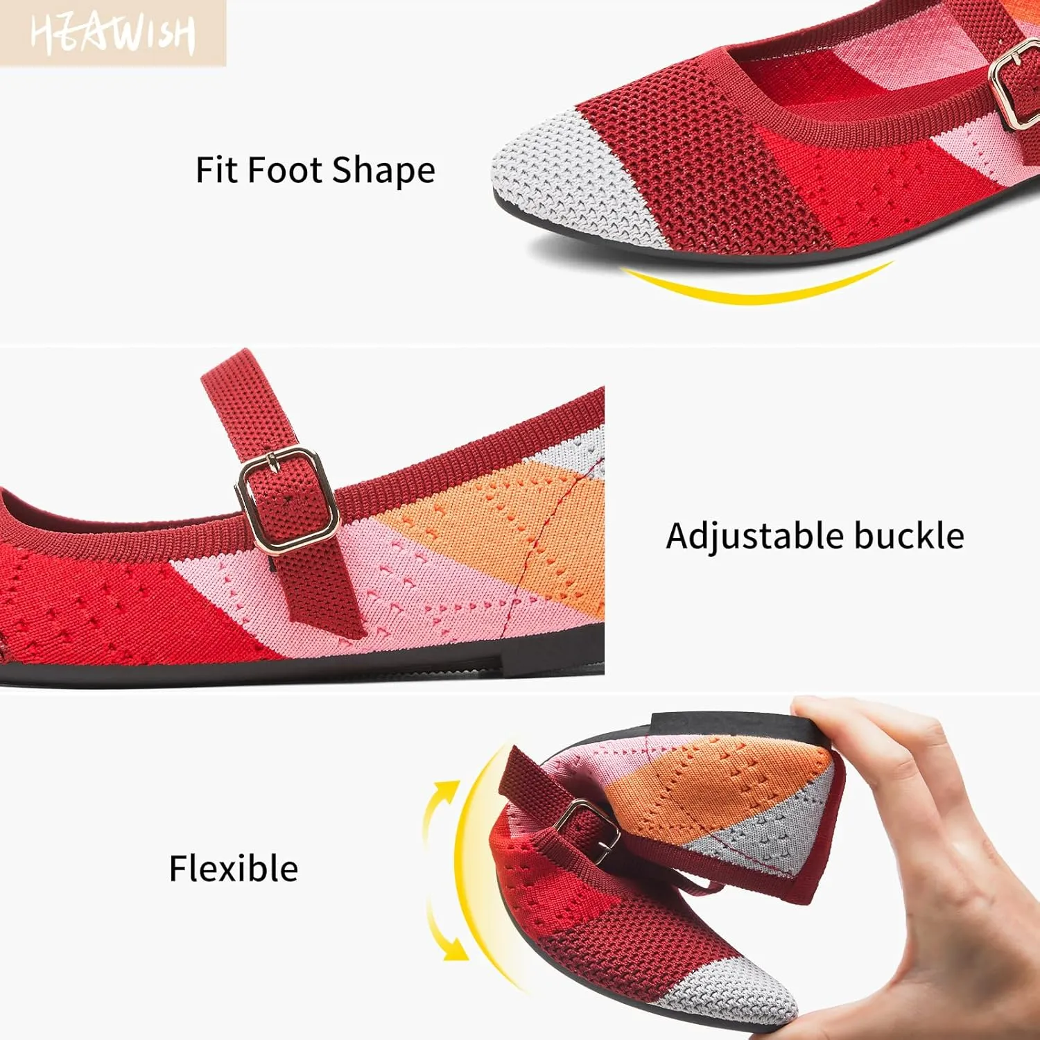 HEAWISH Women's Ballet Flat Shoes Mary Jane Pointed Toe Mesh Flats,Comfortable Slip on Ladies Shoe with Adjustable Strap,Casual Office Dress Flats for Work