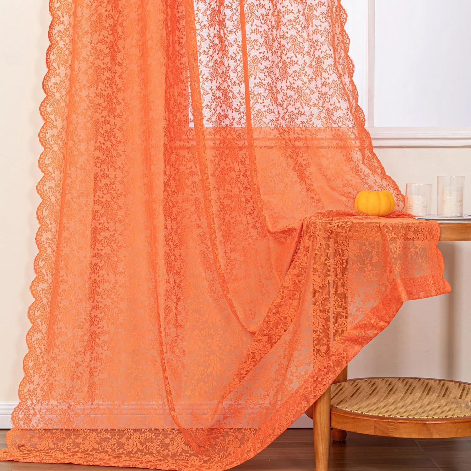 H.ebony Burnt Orange Sheer Lace Curtains 108 Inches Long for Living Room, Country Rustic Rust Floral Lace Sheer Curtains, Rod Pocket Privacy Sheer Window Curtains, 52 x 108 Inch, 2 Panels, Orange