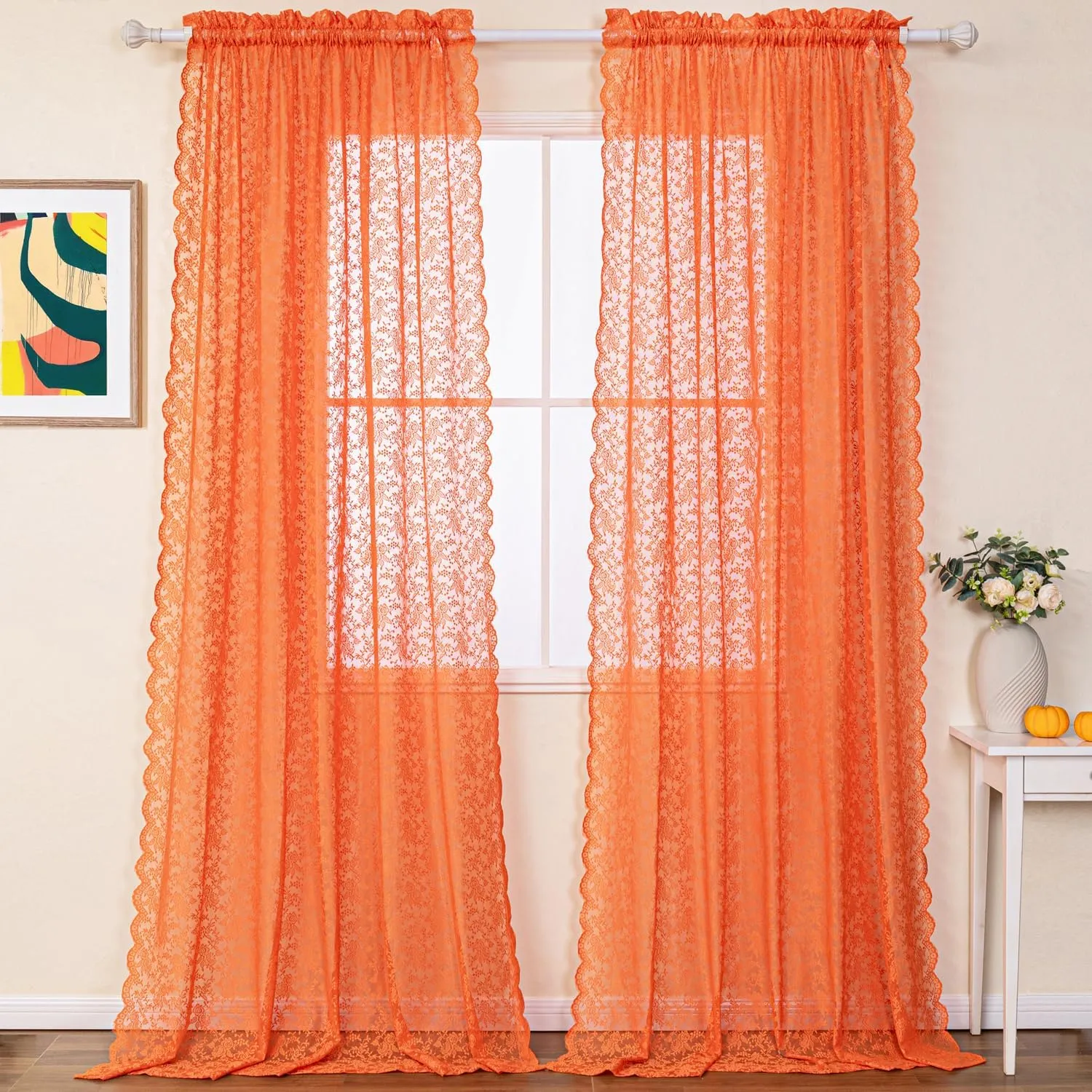 H.ebony Burnt Orange Sheer Lace Curtains 108 Inches Long for Living Room, Country Rustic Rust Floral Lace Sheer Curtains, Rod Pocket Privacy Sheer Window Curtains, 52 x 108 Inch, 2 Panels, Orange