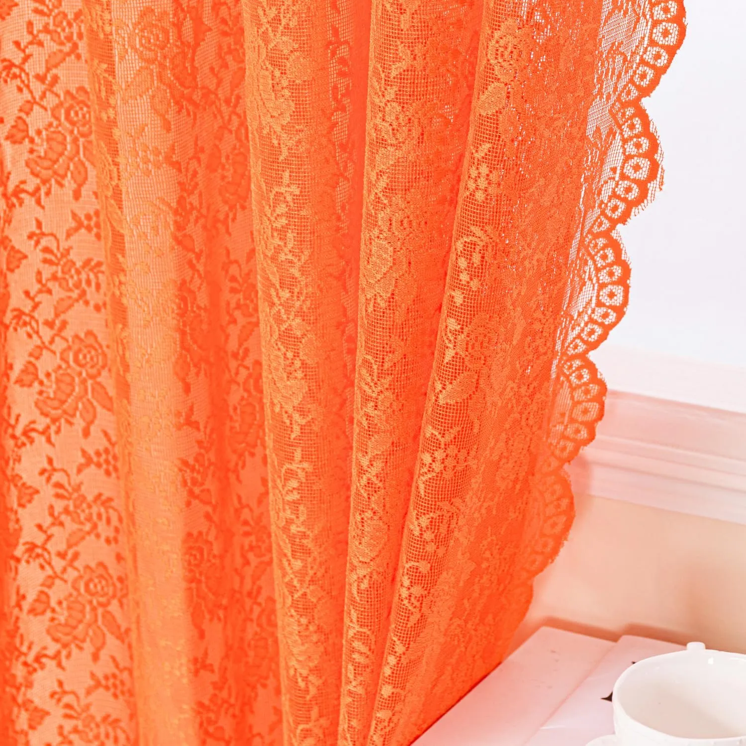 H.ebony Burnt Orange Sheer Lace Curtains 108 Inches Long for Living Room, Country Rustic Rust Floral Lace Sheer Curtains, Rod Pocket Privacy Sheer Window Curtains, 52 x 108 Inch, 2 Panels, Orange