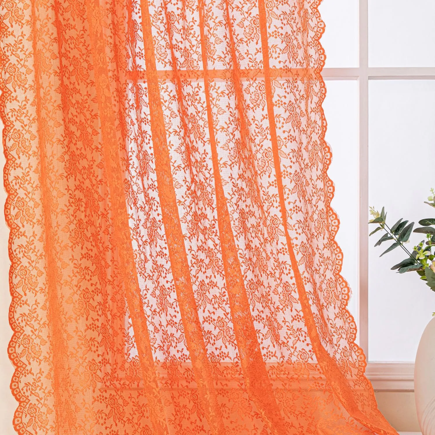 H.ebony Burnt Orange Sheer Lace Curtains 108 Inches Long for Living Room, Country Rustic Rust Floral Lace Sheer Curtains, Rod Pocket Privacy Sheer Window Curtains, 52 x 108 Inch, 2 Panels, Orange