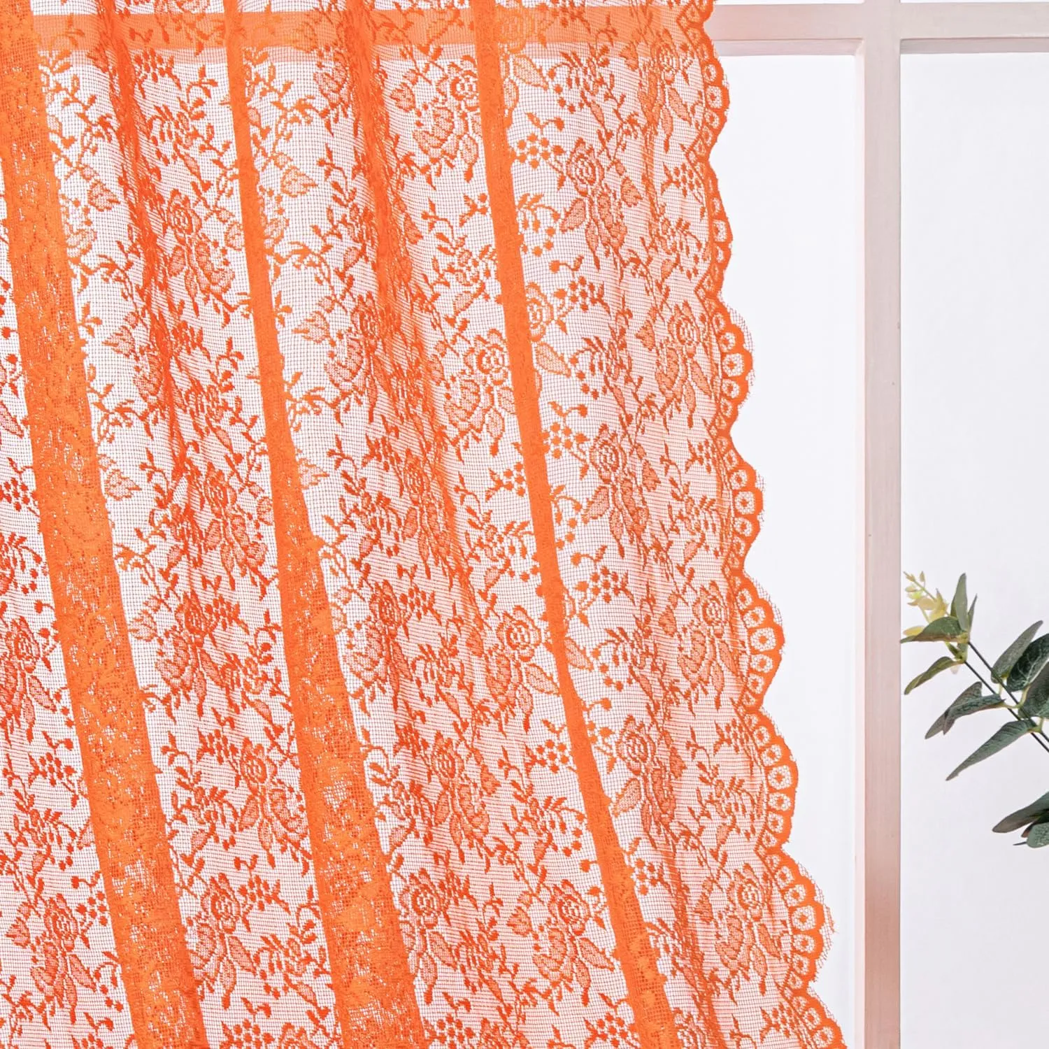 H.ebony Burnt Orange Sheer Lace Curtains 108 Inches Long for Living Room, Country Rustic Rust Floral Lace Sheer Curtains, Rod Pocket Privacy Sheer Window Curtains, 52 x 108 Inch, 2 Panels, Orange