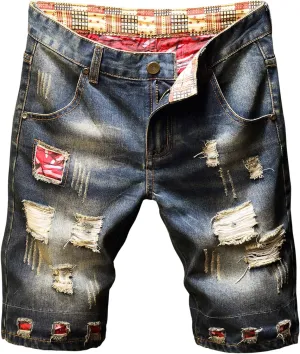 HENGAO Men's Ripped Jean Short Distressed Straight Fit Denim Shorts