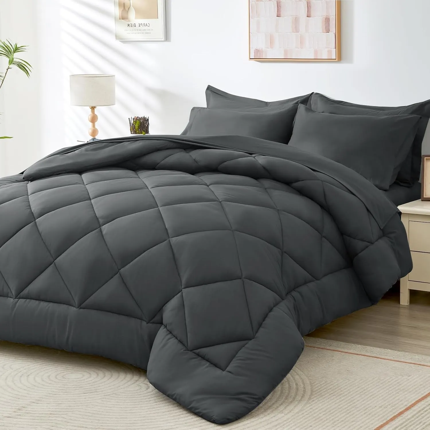 HEVUMYI Full Comforter Set - 7-Piece All Season Bed in a Bag Full, Ultra Soft Bedding Set with Comforter, Flat Sheet, Fitted Sheet, Pillowcases, Pillow Shams, Dark Grey