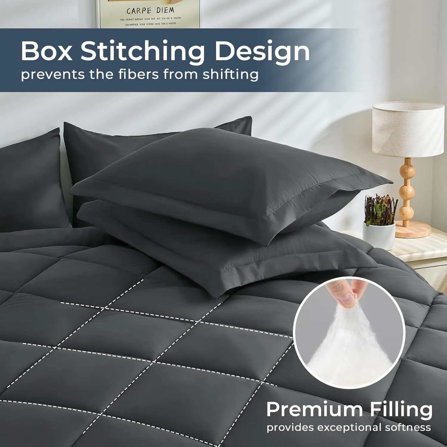 HEVUMYI Full Comforter Set - 7-Piece All Season Bed in a Bag Full, Ultra Soft Bedding Set with Comforter, Flat Sheet, Fitted Sheet, Pillowcases, Pillow Shams, Dark Grey