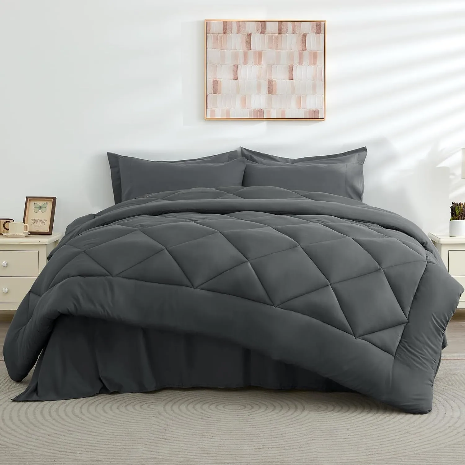 HEVUMYI Full Comforter Set - 7-Piece All Season Bed in a Bag Full, Ultra Soft Bedding Set with Comforter, Flat Sheet, Fitted Sheet, Pillowcases, Pillow Shams, Dark Grey