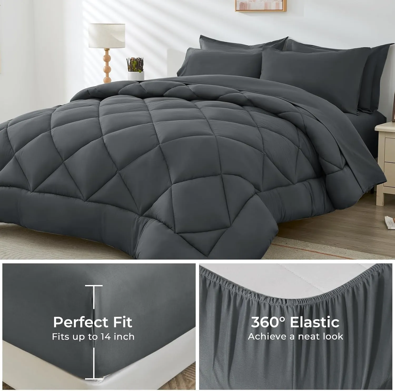 HEVUMYI Full Comforter Set - 7-Piece All Season Bed in a Bag Full, Ultra Soft Bedding Set with Comforter, Flat Sheet, Fitted Sheet, Pillowcases, Pillow Shams, Dark Grey