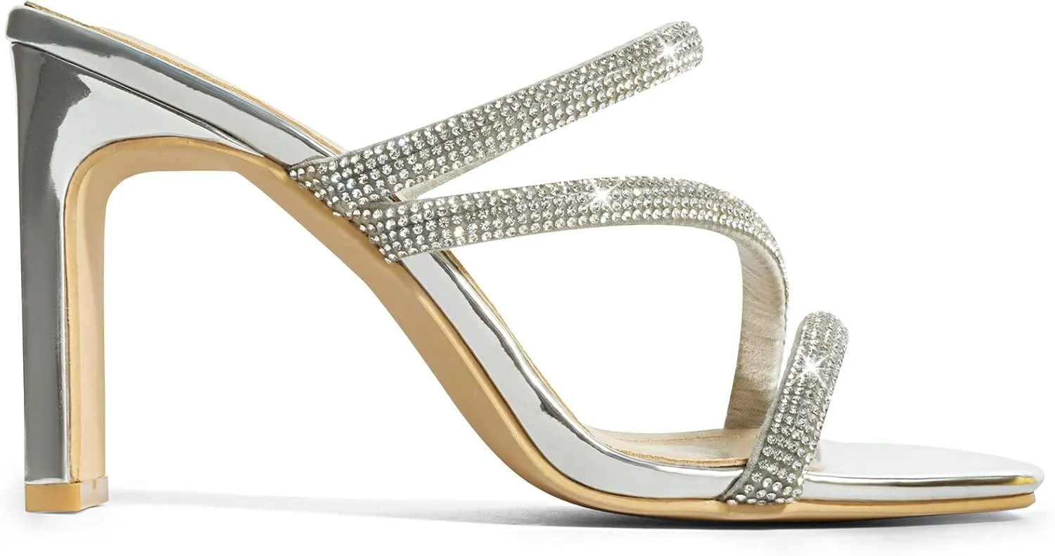 High Heels Sandals for Women Rhinestone Open Toe Slip On with Strappy Strap Dressy Sparkly Heel Bridal Shoes Comfy Sexy Cute
