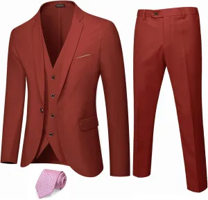 Hihawk Men's 3 Piece Suit with Stretch Fabric, Solid Slim Fit One Button Suit Blazer Set, Jacket Vest Pants with Tie.