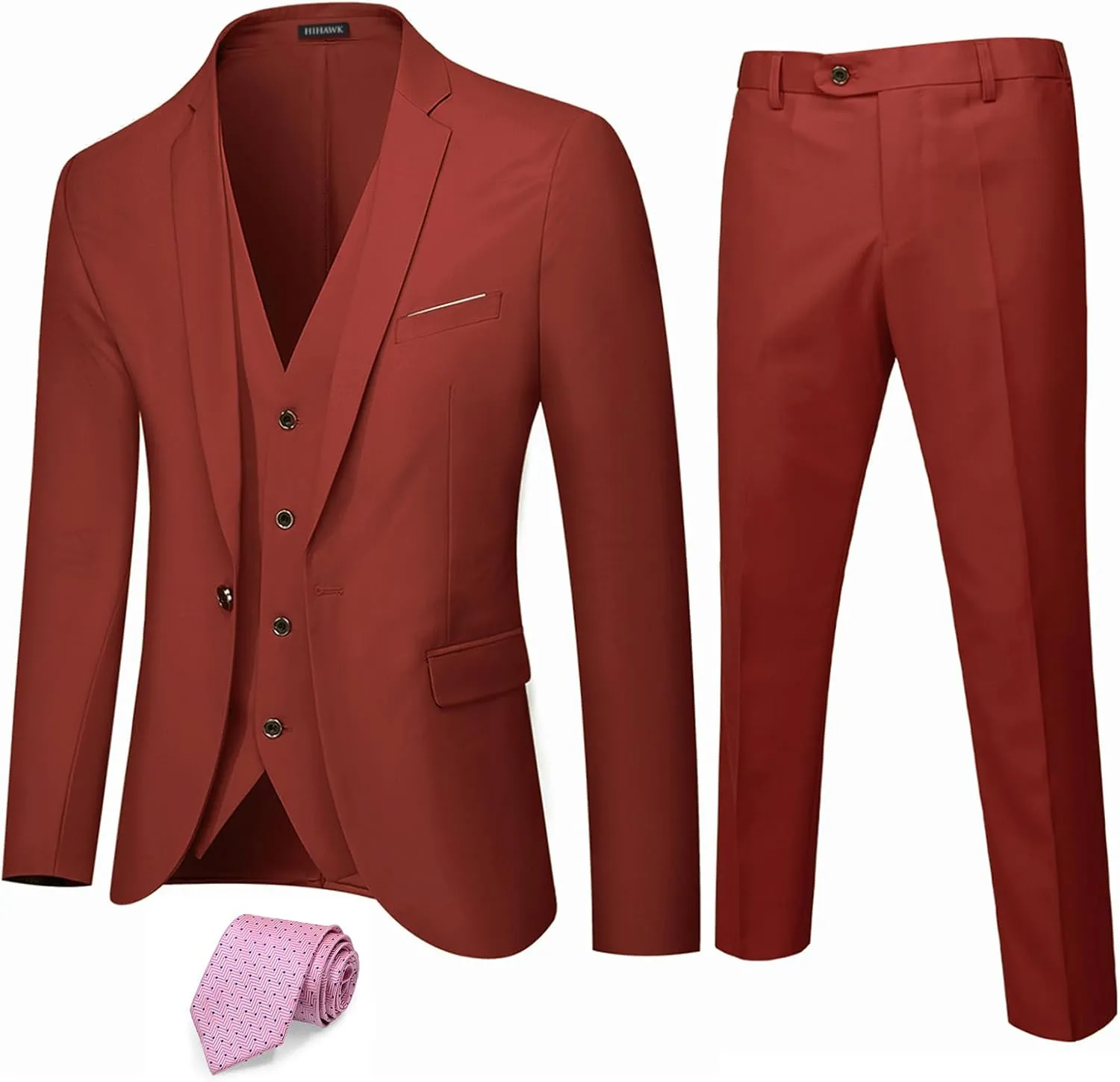 Hihawk Men's 3 Piece Suit with Stretch Fabric, Solid Slim Fit One Button Suit Blazer Set, Jacket Vest Pants with Tie.