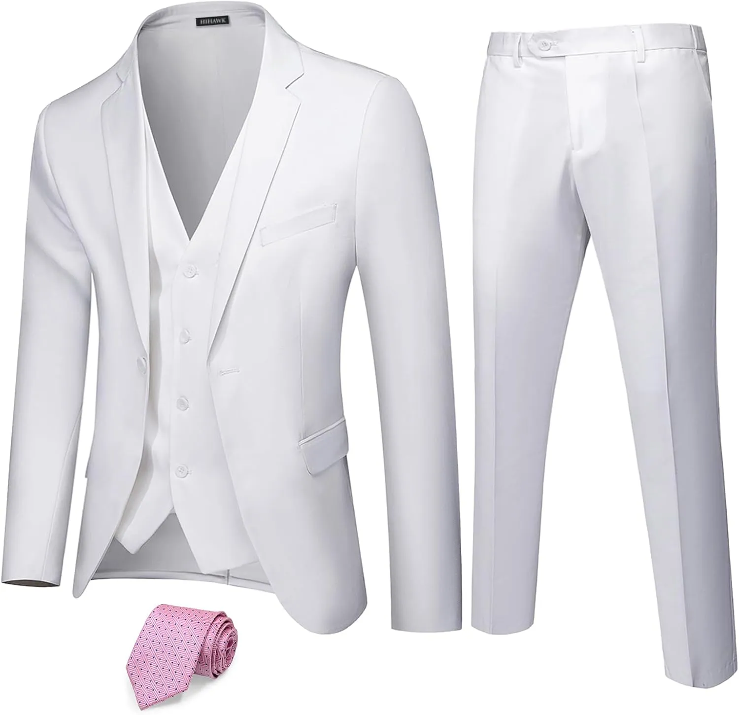 Hihawk Men's 3 Piece Suit with Stretch Fabric, Solid Slim Fit One Button Suit Blazer Set, Jacket Vest Pants with Tie.