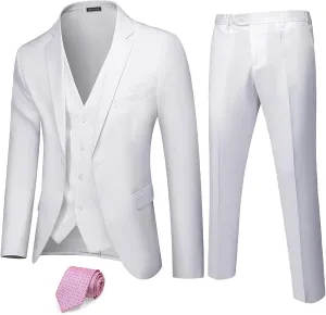 Hihawk Men's 3 Piece Suit with Stretch Fabric, Solid Slim Fit One Button Suit Blazer Set, Jacket Vest Pants with Tie.
