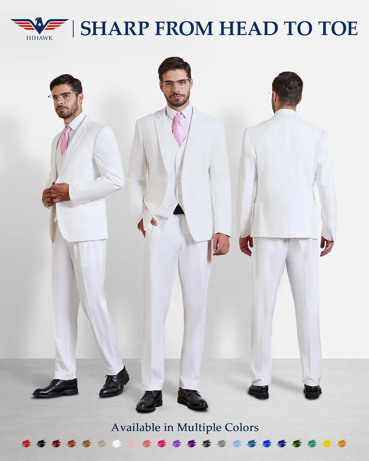 Hihawk Men's 3 Piece Suit with Stretch Fabric, Solid Slim Fit One Button Suit Blazer Set, Jacket Vest Pants with Tie.