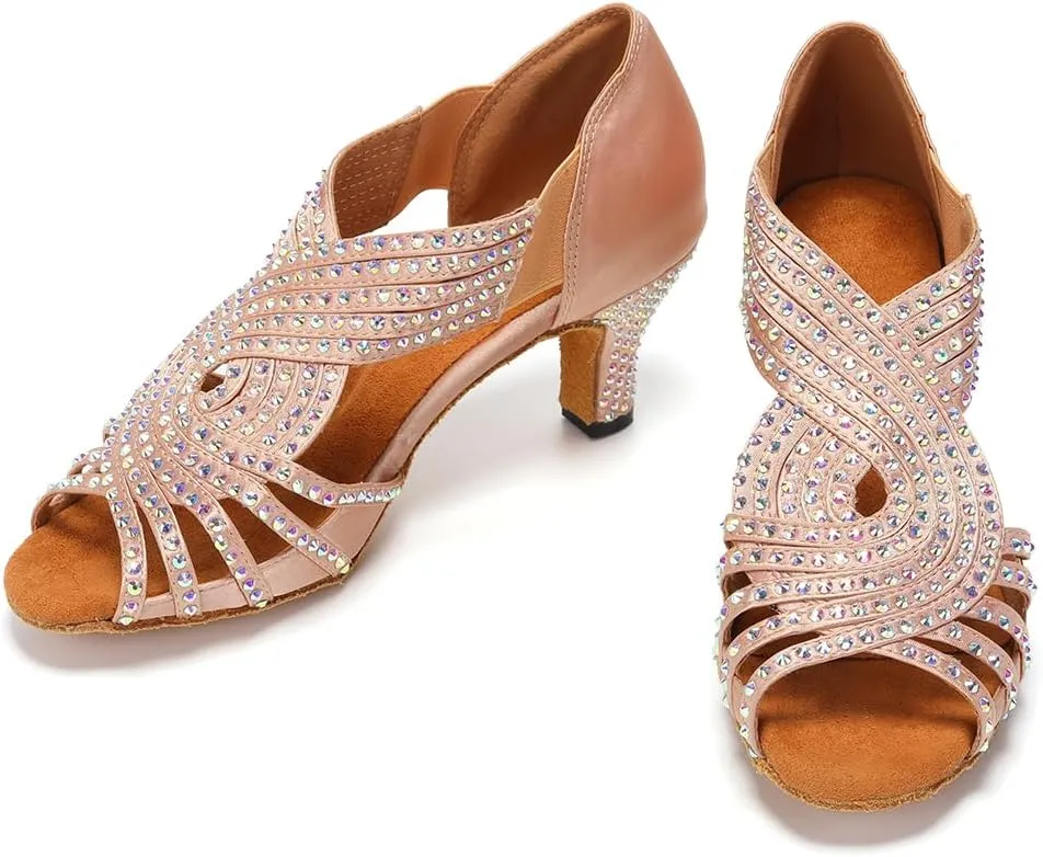 HIPPOSEUS Women's Rhinestones Latin Dance Shoes Slip on Ballroom Salsa Bachata Performance Practice Dancer Shoes,Model L396