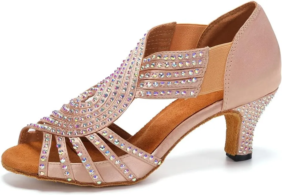 HIPPOSEUS Women's Rhinestones Latin Dance Shoes Slip on Ballroom Salsa Bachata Performance Practice Dancer Shoes,Model L396