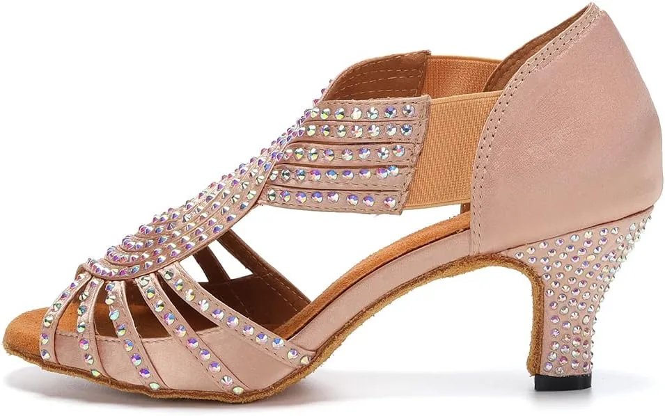 HIPPOSEUS Women's Rhinestones Latin Dance Shoes Slip on Ballroom Salsa Bachata Performance Practice Dancer Shoes,Model L396