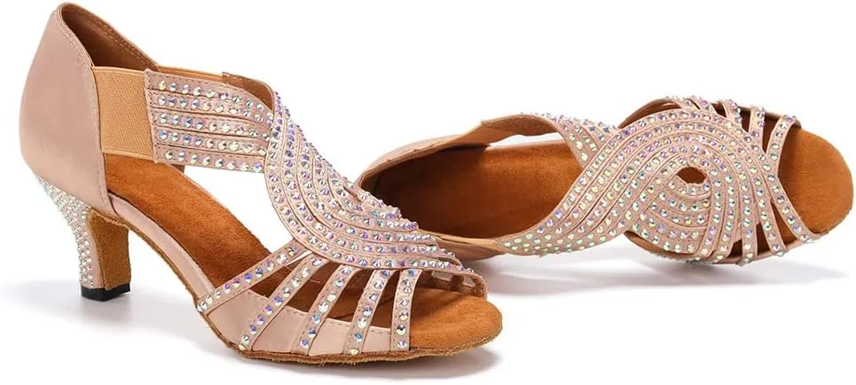 HIPPOSEUS Women's Rhinestones Latin Dance Shoes Slip on Ballroom Salsa Bachata Performance Practice Dancer Shoes,Model L396