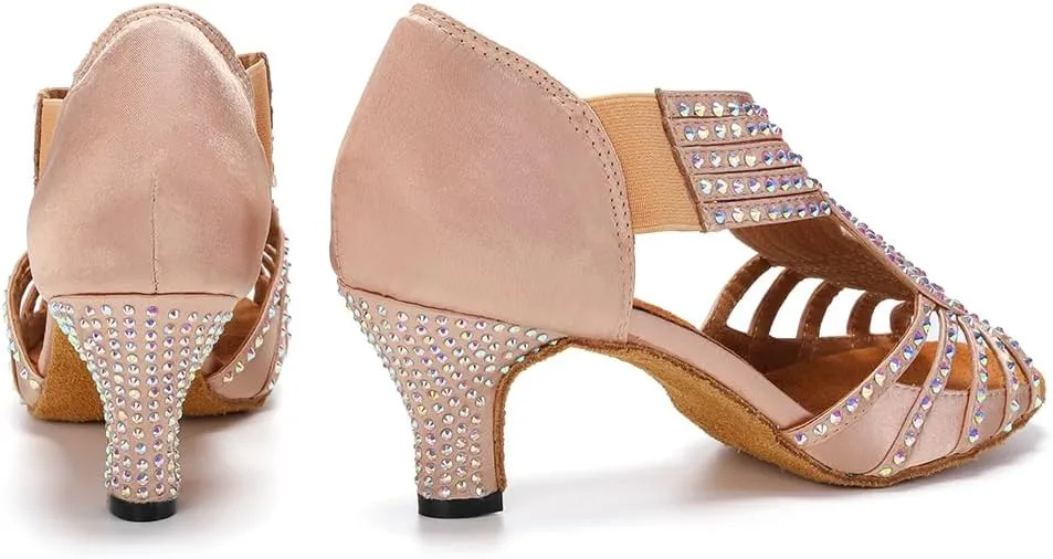 HIPPOSEUS Women's Rhinestones Latin Dance Shoes Slip on Ballroom Salsa Bachata Performance Practice Dancer Shoes,Model L396