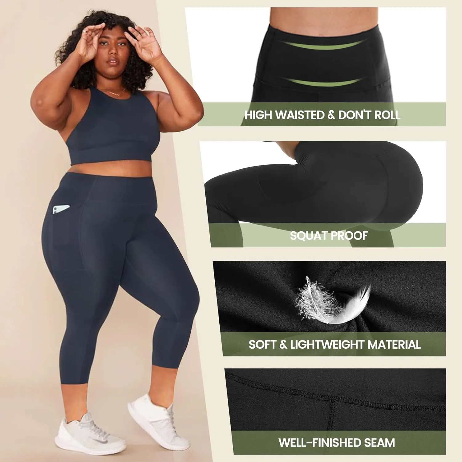HLTPRO 3 Pack Plus Size Leggings with Pockets for Women - Black High Waisted Tummy Control Soft Yoga Pants for Gym Workout