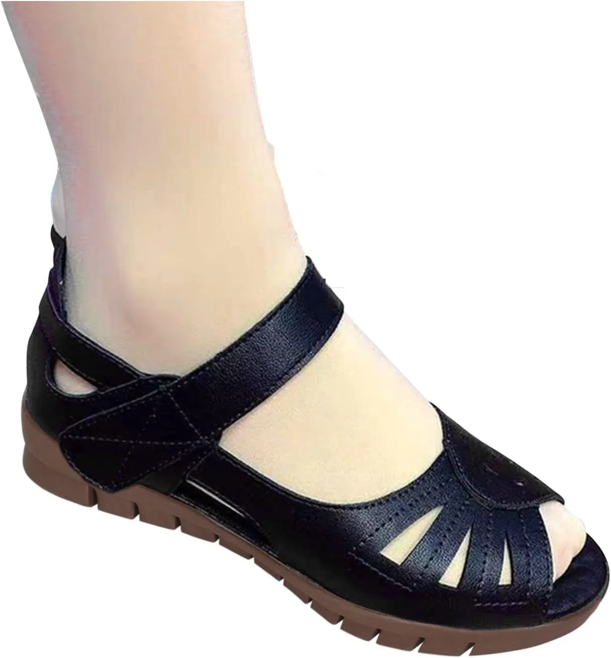 hlysgo Anti-slip Vintage Soft Mom Shoes, Hook-and-loop Wide Width Comfortable Open Toe Casual Loafers Slides