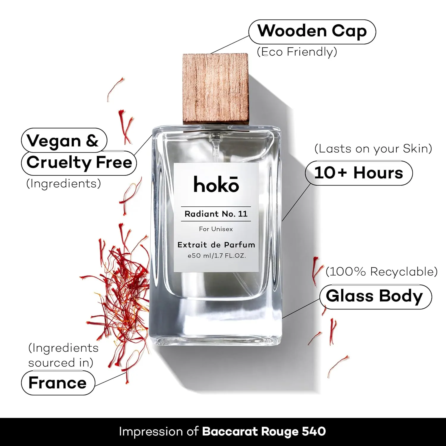 HOKO Radiant No. 11 – Premium Impression of Baccarat Rouge 540 | Extrait de Parfum, 1.7 Oz | Saffron, Jasmine, Cedarwood & Amber | Long-Lasting Inspired Unisex Perfume | Vegan, Paraben Free, Skin Safe