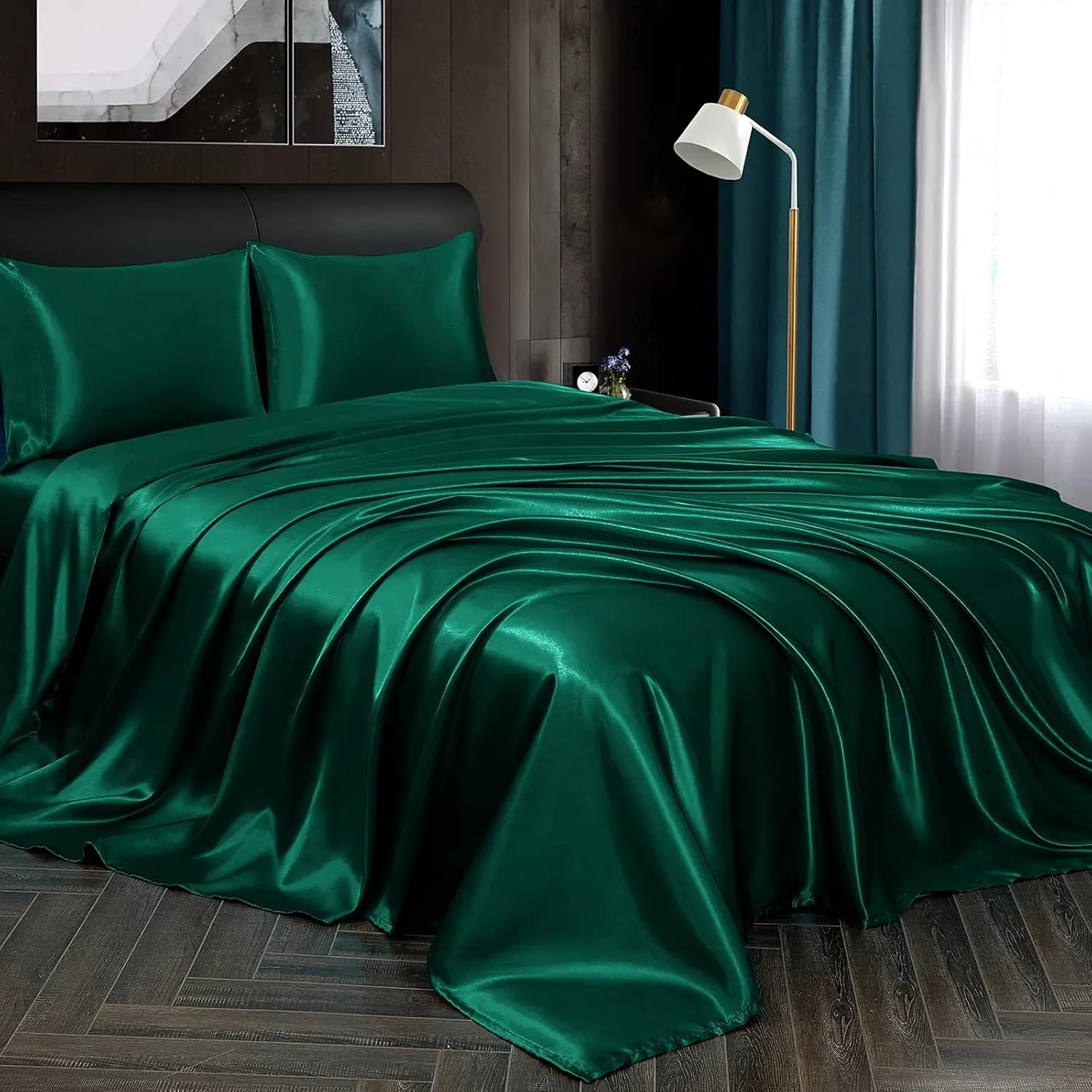 Homiest 4pcs Satin Sheets Set Luxury Silky Satin Bedding Set with Deep Pocket, 1 Fitted Sheet   1 Flat Sheet   2 Pillowcases (Queen Size, Blackish Green)