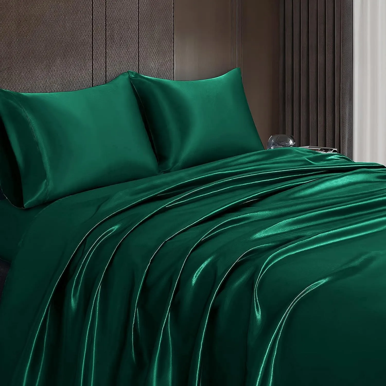 Homiest 4pcs Satin Sheets Set Luxury Silky Satin Bedding Set with Deep Pocket, 1 Fitted Sheet   1 Flat Sheet   2 Pillowcases (Queen Size, Blackish Green)