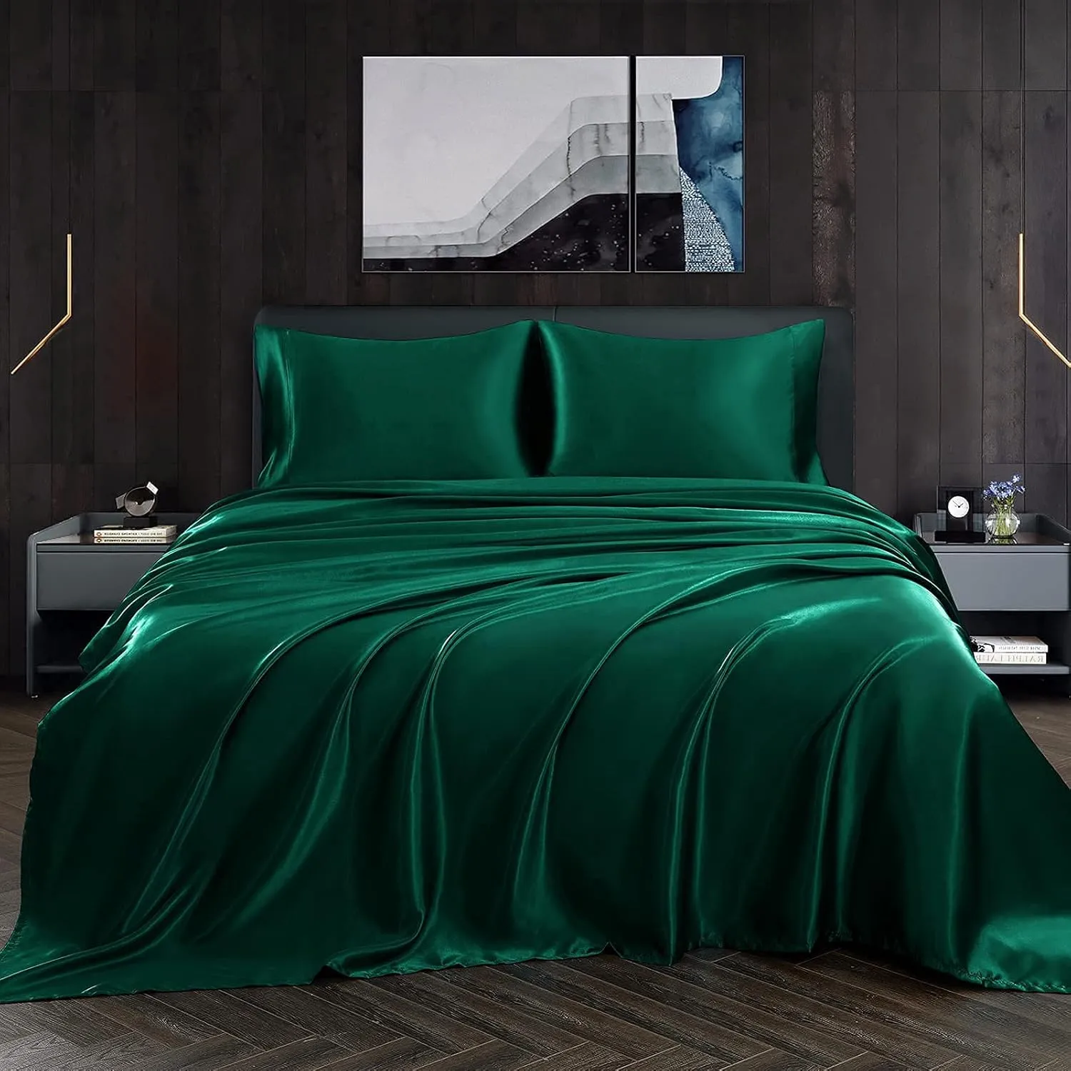 Homiest 4pcs Satin Sheets Set Luxury Silky Satin Bedding Set with Deep Pocket, 1 Fitted Sheet   1 Flat Sheet   2 Pillowcases (Queen Size, Blackish Green)