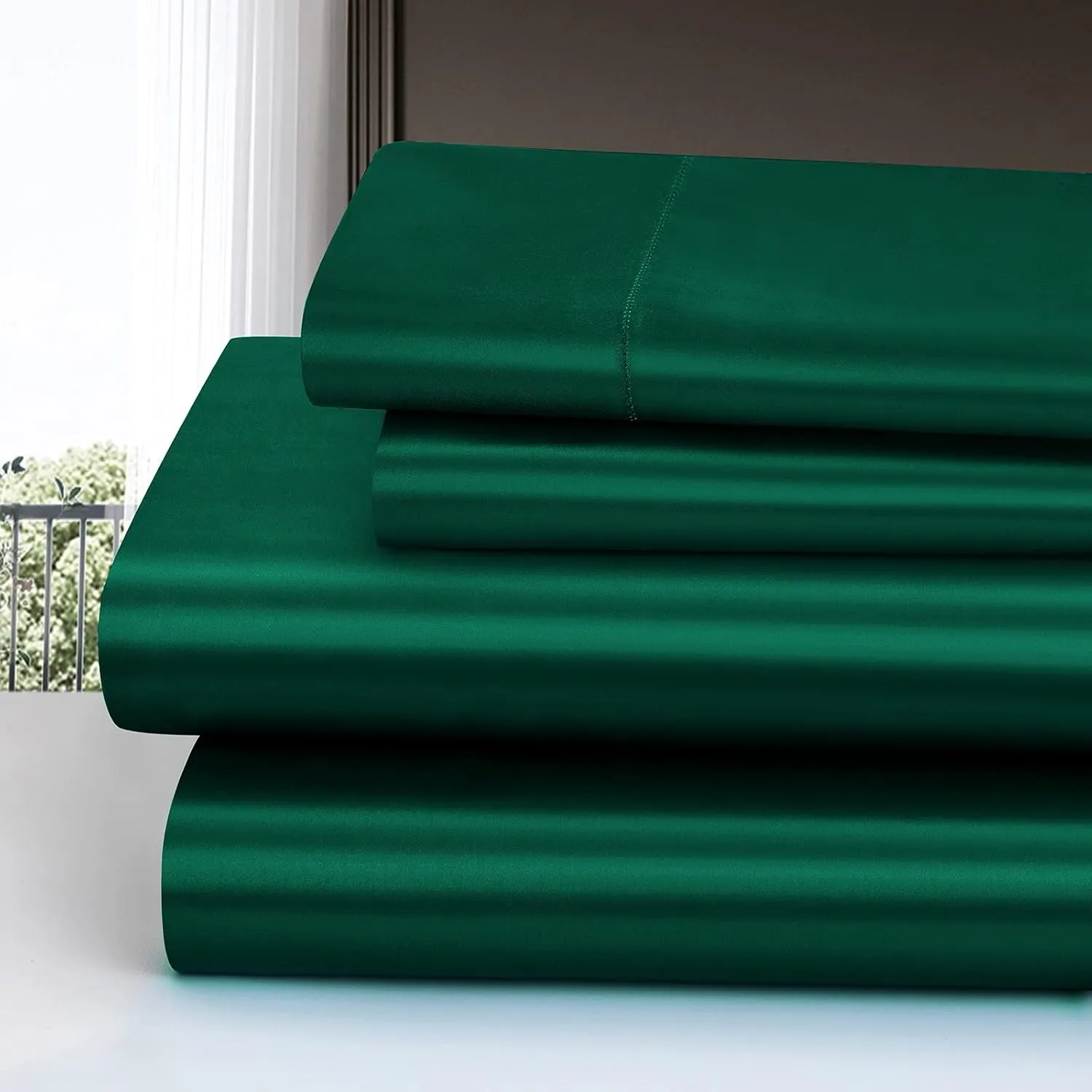Homiest 4pcs Satin Sheets Set Luxury Silky Satin Bedding Set with Deep Pocket, 1 Fitted Sheet   1 Flat Sheet   2 Pillowcases (Queen Size, Blackish Green)