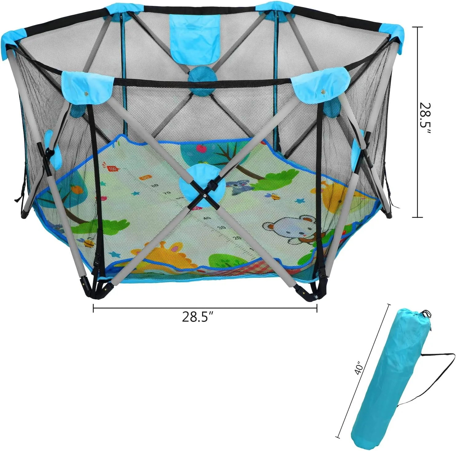 HongK- Dark Blue Hexagon Safety Playpen Portable Foldable Mesh Playard Infants Baby Toodler Animals Fence w/Travel Bag Nursery Furniture For Indoor Outdoor -