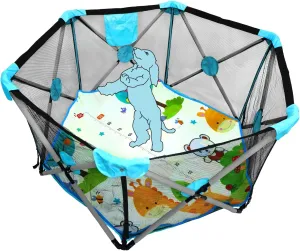 HongK- Dark Blue Hexagon Safety Playpen Portable Foldable Mesh Playard Infants Baby Toodler Animals Fence w/Travel Bag Nursery Furniture For Indoor Outdoor -