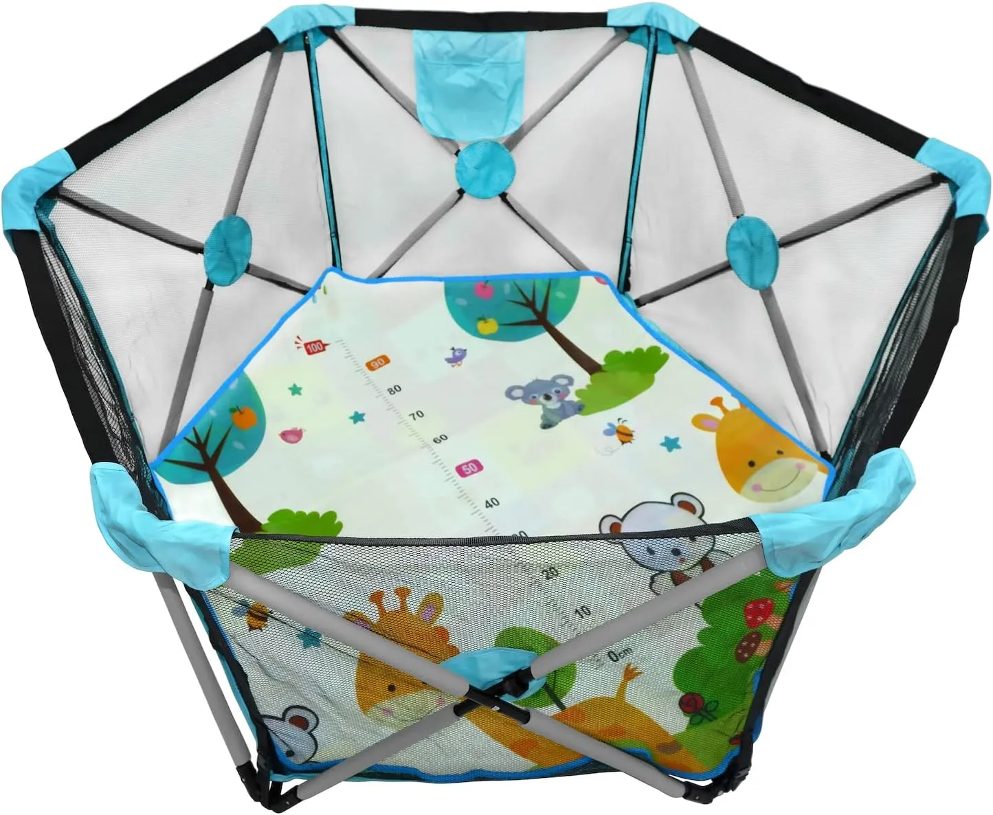 HongK- Dark Blue Hexagon Safety Playpen Portable Foldable Mesh Playard Infants Baby Toodler Animals Fence w/Travel Bag Nursery Furniture For Indoor Outdoor -