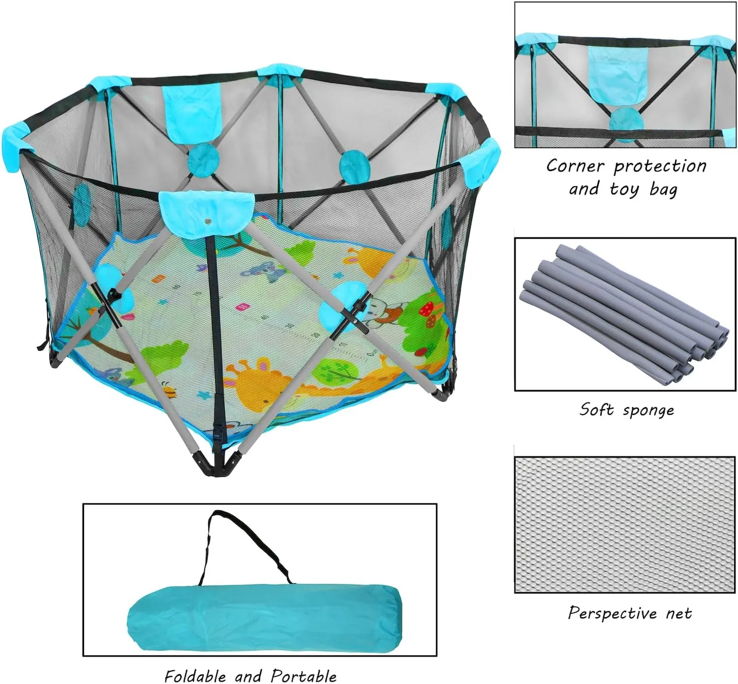 HongK- Dark Blue Hexagon Safety Playpen Portable Foldable Mesh Playard Infants Baby Toodler Animals Fence w/Travel Bag Nursery Furniture For Indoor Outdoor -