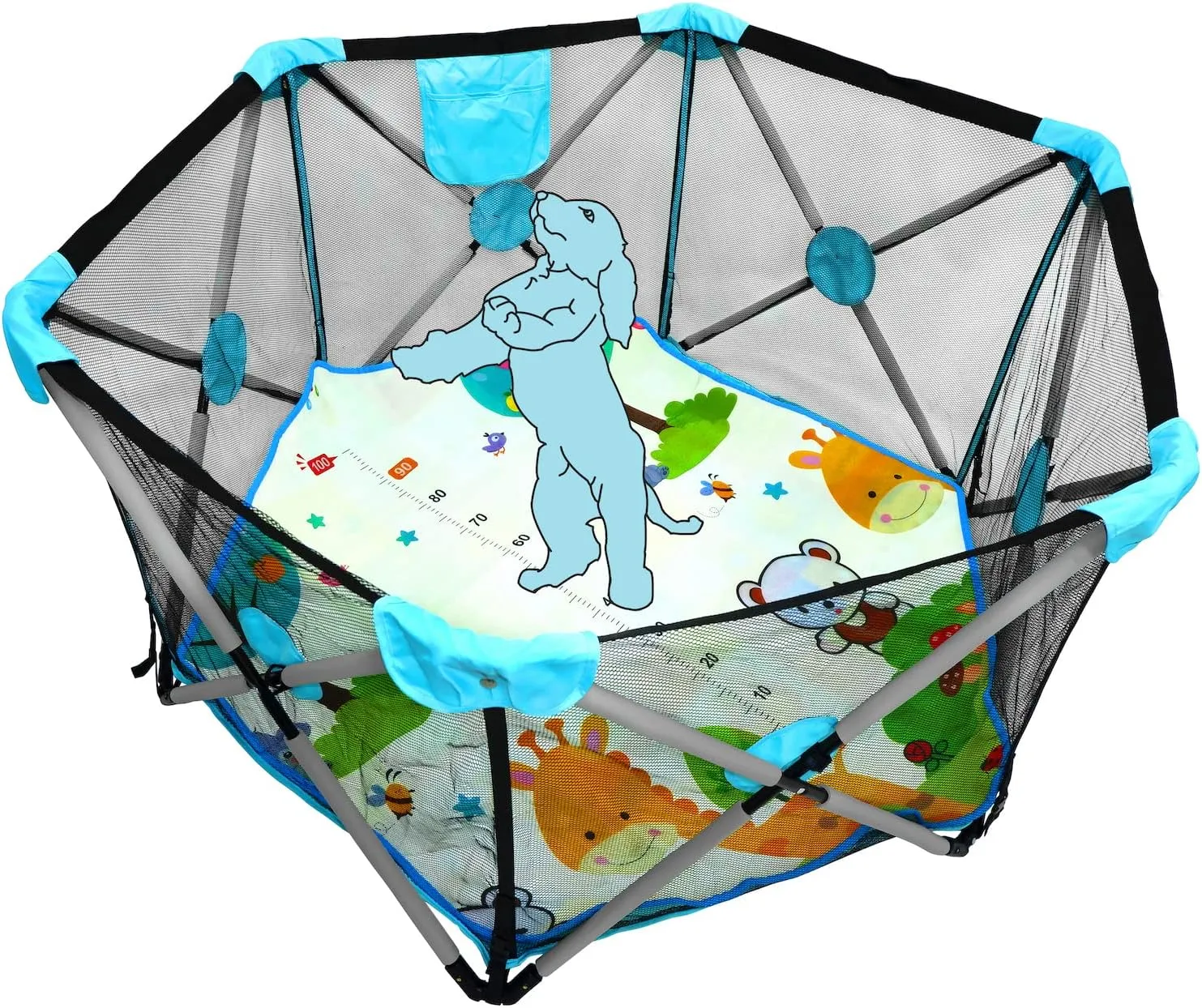HongK- Dark Blue Hexagon Safety Playpen Portable Foldable Mesh Playard Infants Baby Toodler Animals Fence w/Travel Bag Nursery Furniture For Indoor Outdoor -