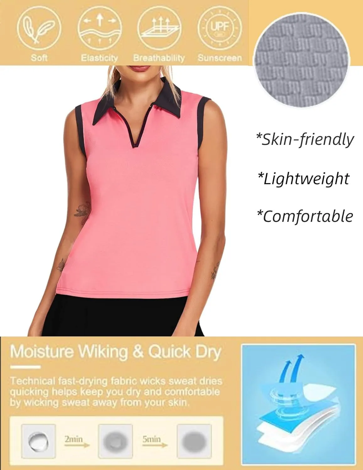 HOTLOOX Women Sleeveless Golf Polo Shirts Summer 2025 UPF 50  Zipper V Neck Tennis Tank Top S-XXL