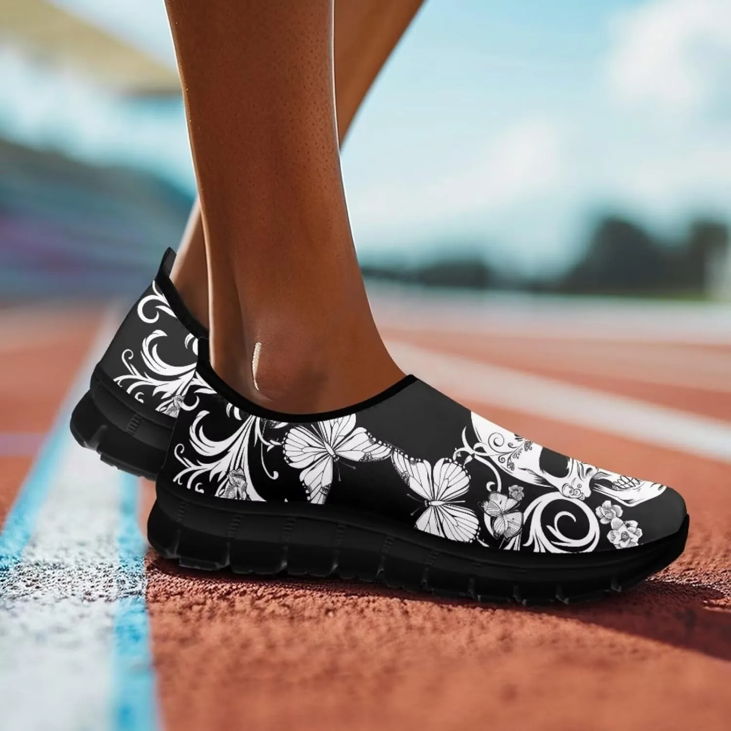 Howilath Skull Print Slip on Shoes for Men Casual House Shoes Running Sneakers Hands Free Shoes with Anti-Slip Sole