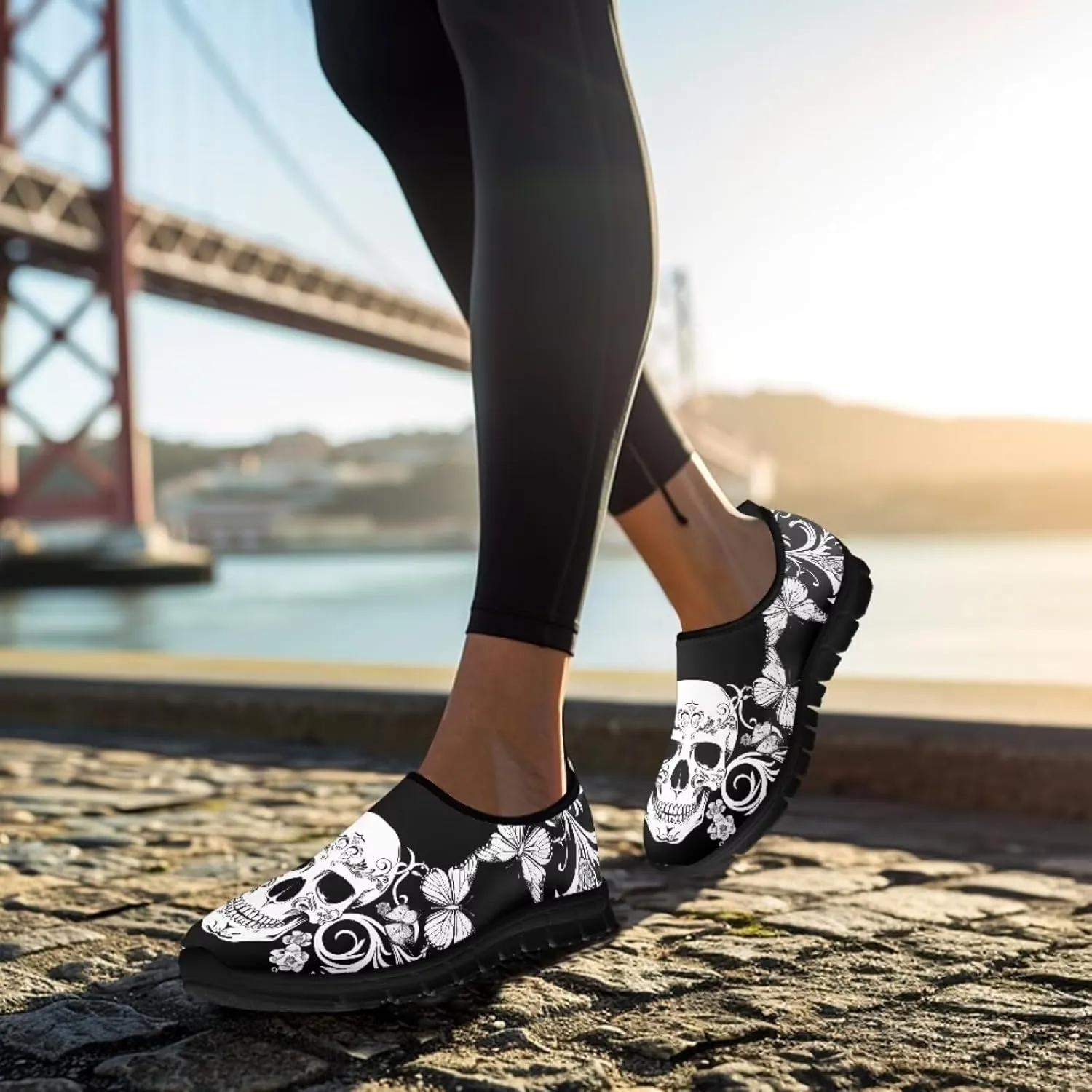 Howilath Skull Print Slip on Shoes for Men Casual House Shoes Running Sneakers Hands Free Shoes with Anti-Slip Sole