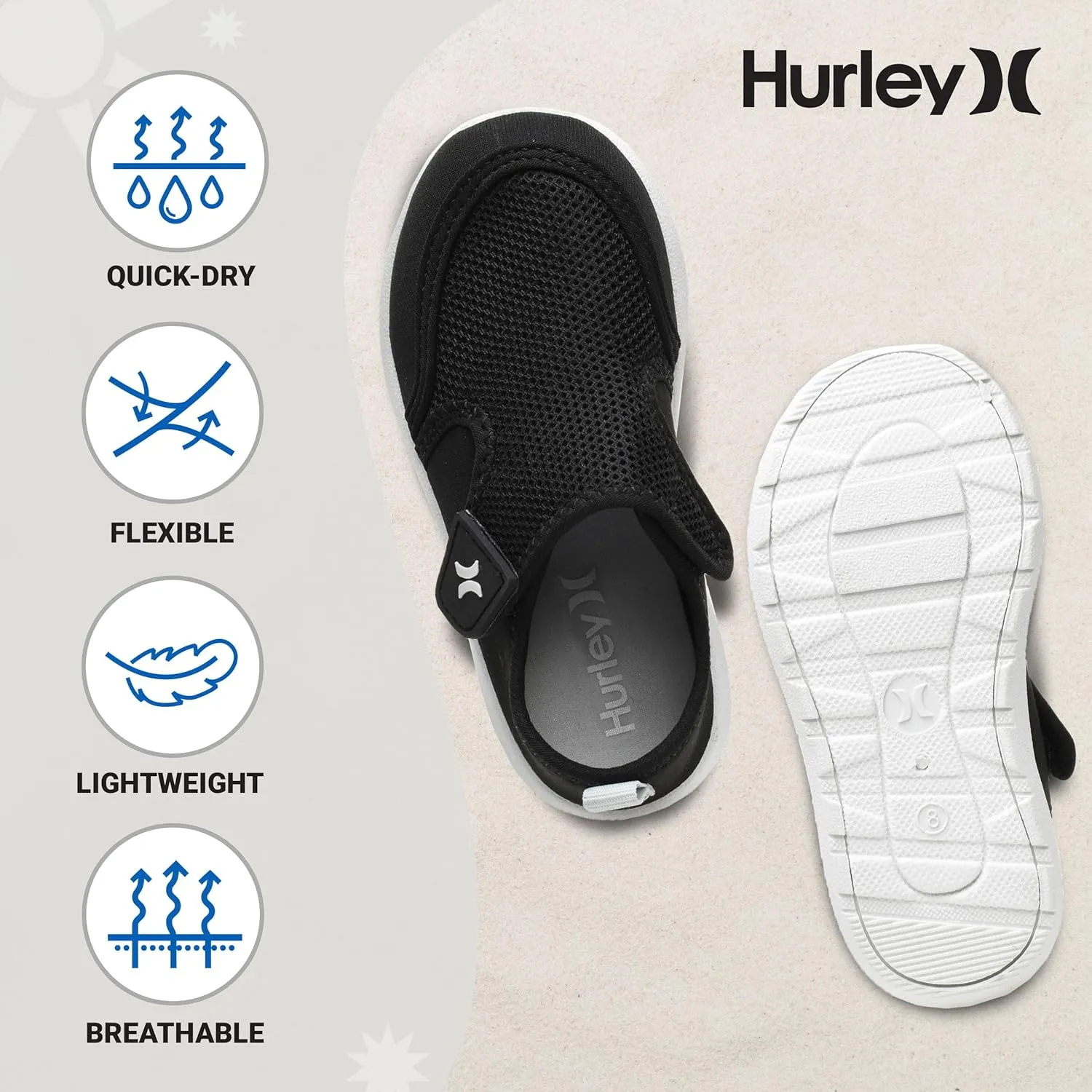Hurley Kids Toddler Water Shoes Spence- Quick-Dry Water Shoes for Boys and Girls, Lightweight, Easy Slip-On with Adjustable Upper - for Beach, Water Play and Pool Fun