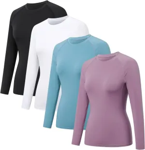 HYCOPROT 4 Pack Women's Compression Shirt Long Sleeve Workout Tops Quick Dry Baselayer Athletic T Shirt Gym Yoga Running