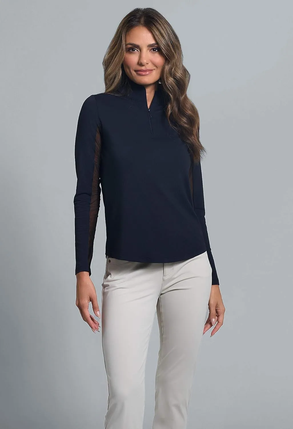 IBKUL Women's Solid Long Sleeve 1/4-zip Mock Neck Shirt