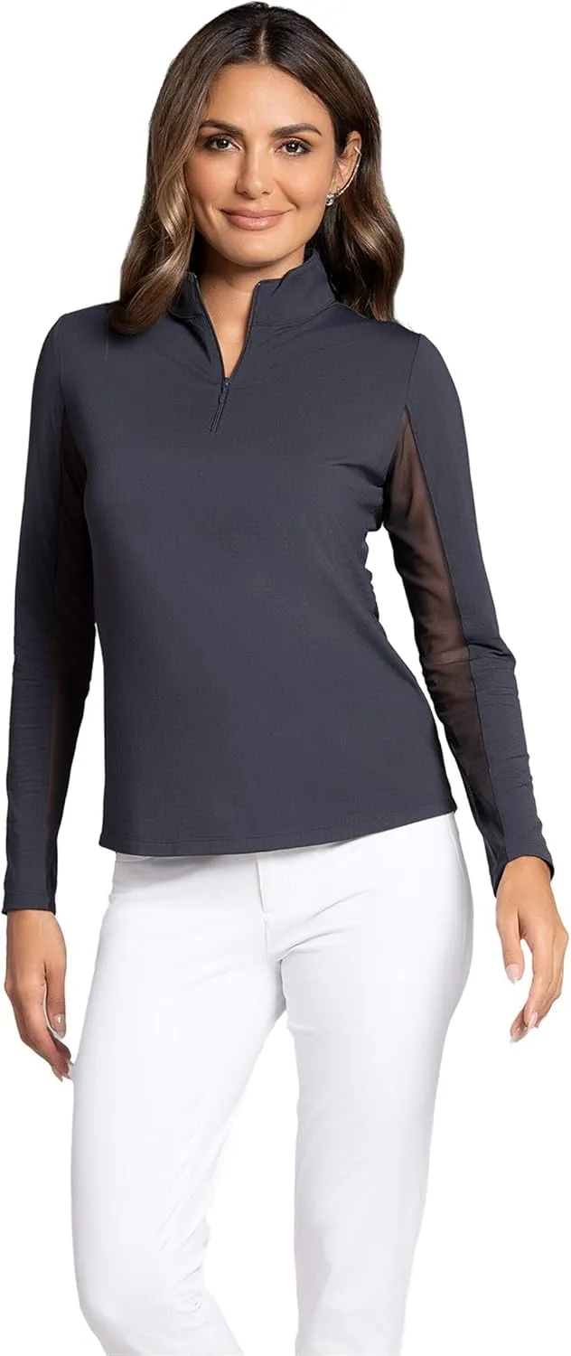 IBKUL Women's Solid Long Sleeve 1/4-zip Mock Neck Shirt