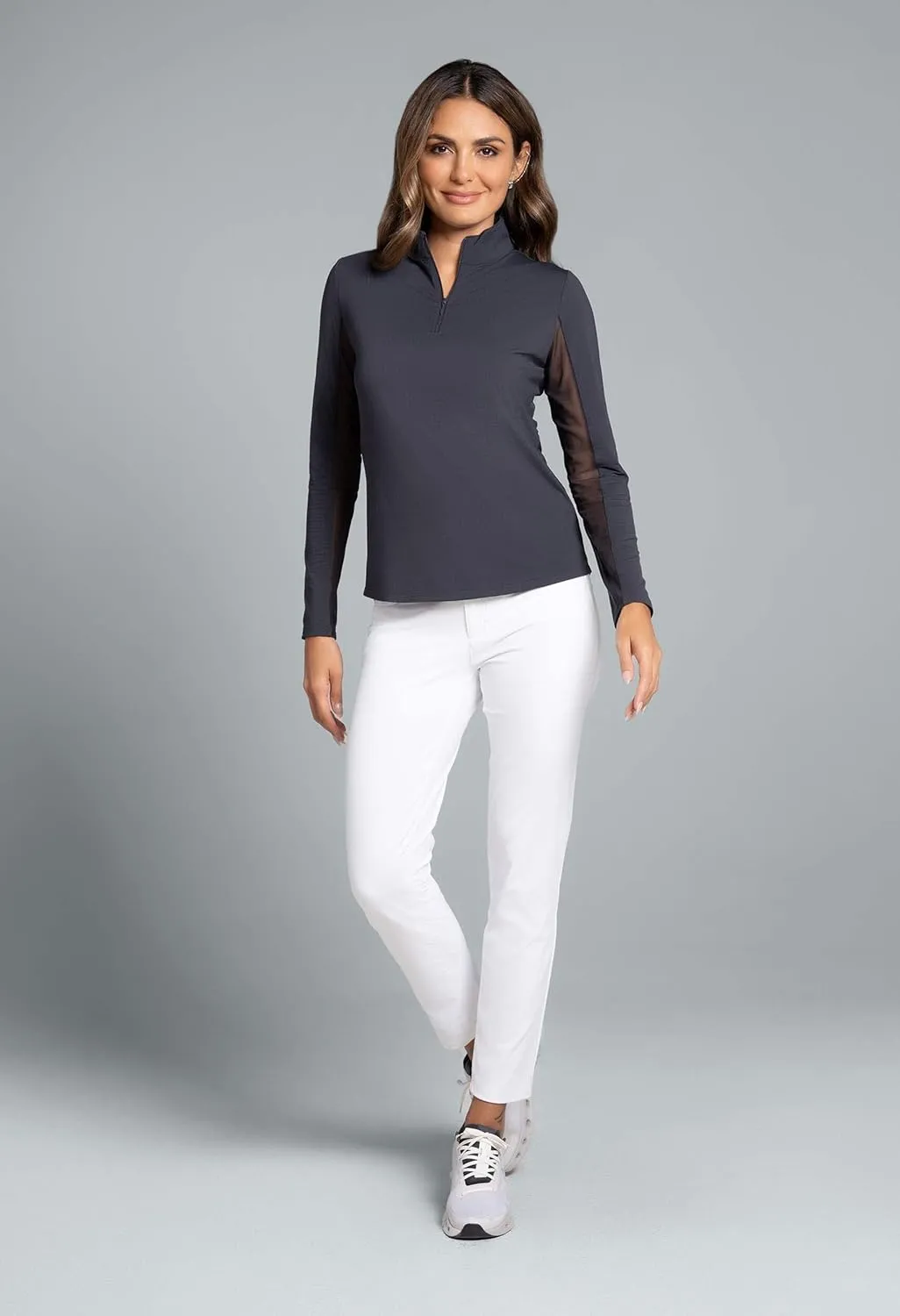 IBKUL Women's Solid Long Sleeve 1/4-zip Mock Neck Shirt