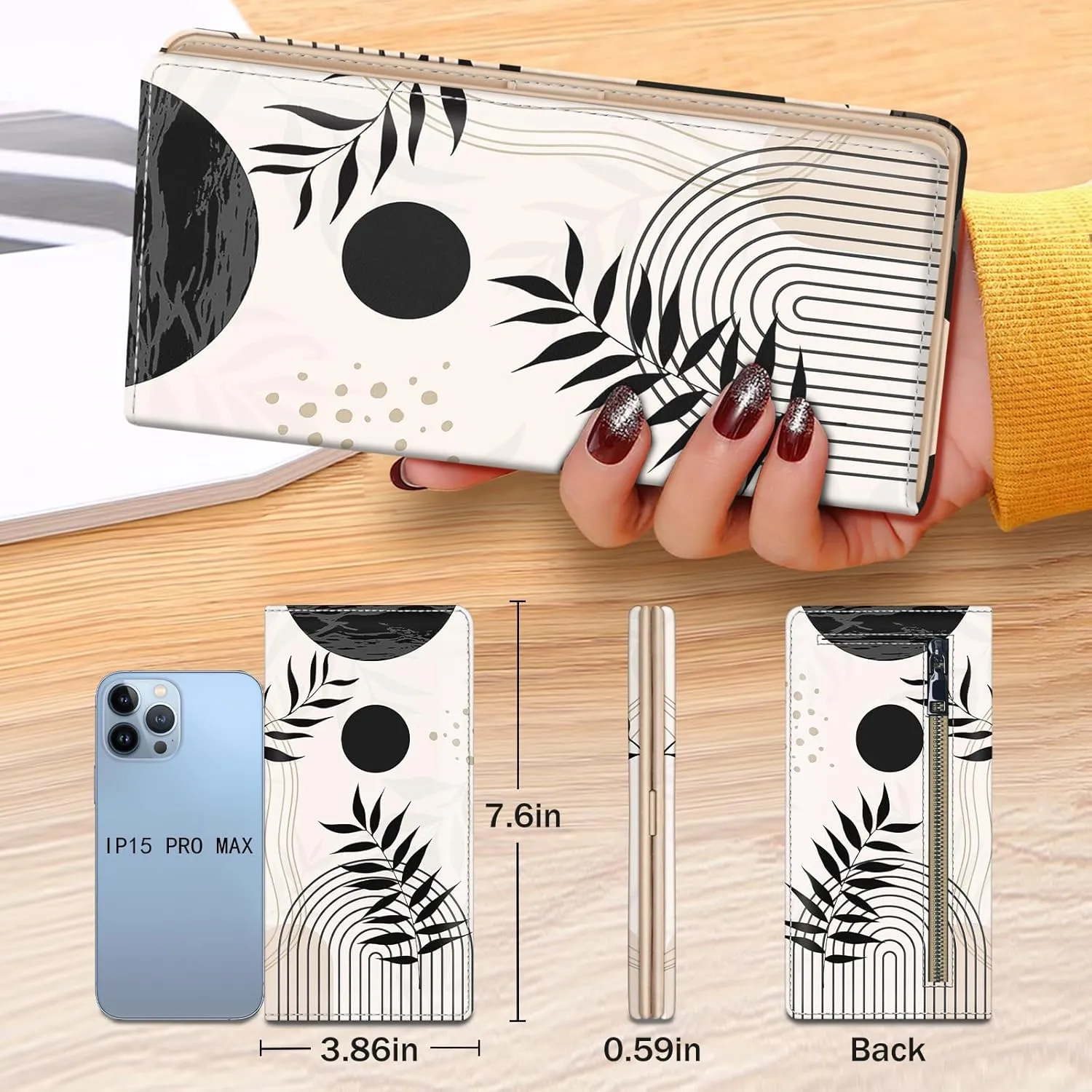 Immaturus Abstract Art Leaf Womens Wallet, Slim Thin RFID Blocking Card Wallets, Bifold PU Leather Credit Card Holder Organizer, Cash Clutch Long Billfold with Zipper Coin Pocket Ladies Girls Gift