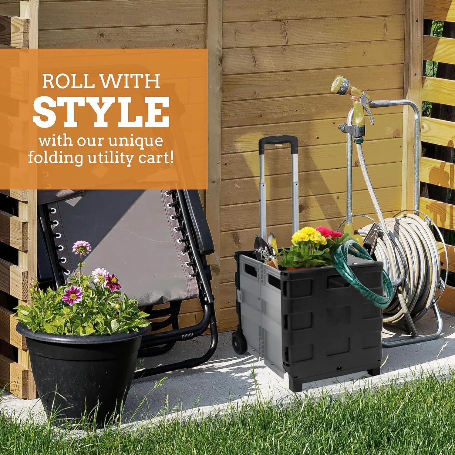 Inspired Living Ultra-Slim Rolling Collapsible Storage Pack-N-Roll Utility-carts, with Telescopic Handle, for Home, Garden, Shopping, Office, School use, Medium, Grey & Black