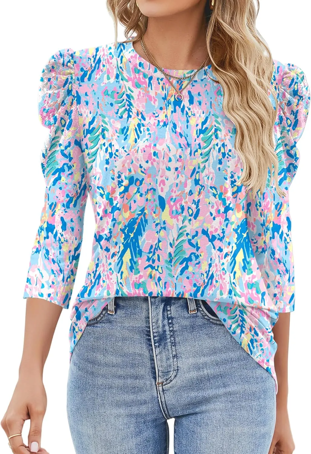 Ivicoer 3/4 Length Sleeve Womens Tops Summer Spring Tops for Women 2025 Puff Lace Sleeve Shirts Blouses