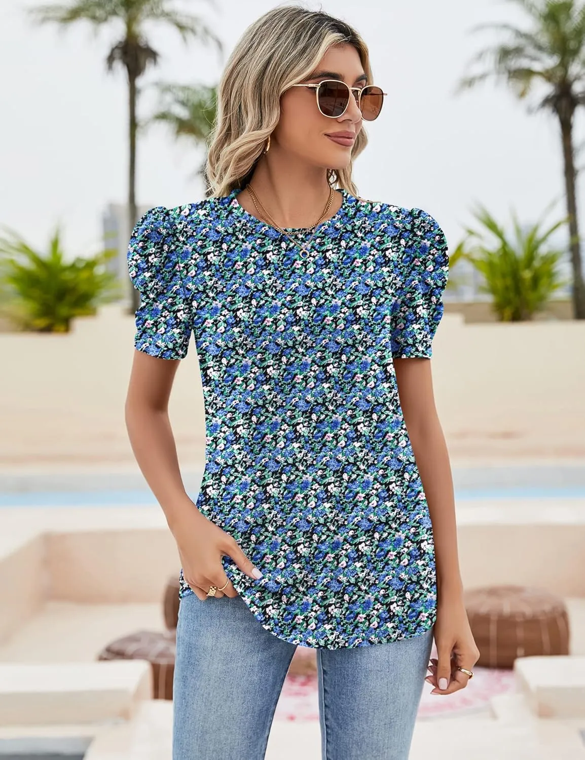 Ivicoer Puff Short Sleeve Shirt for Women Eyelet Tops Summer Crewneck Blouse Loose Fit S-XXL