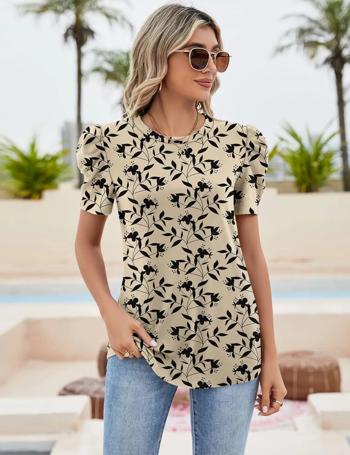 Ivicoer Puff Short Sleeve Shirt for Women Eyelet Tops Summer Crewneck Blouse Loose Fit S-XXL