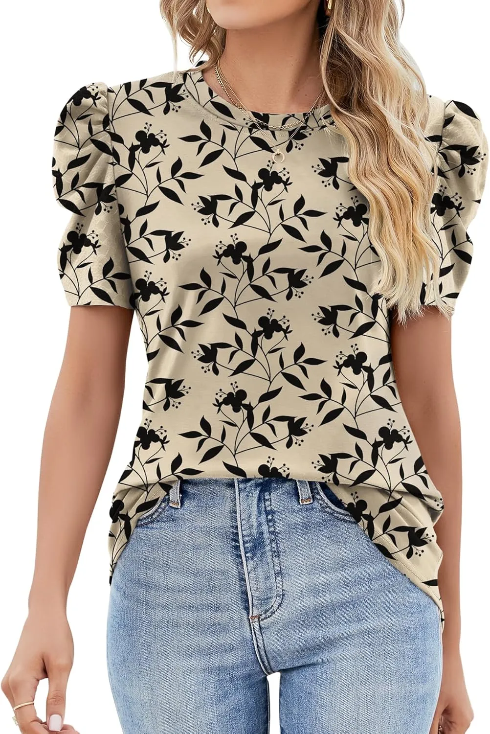 Ivicoer Puff Short Sleeve Shirt for Women Eyelet Tops Summer Crewneck Blouse Loose Fit S-XXL
